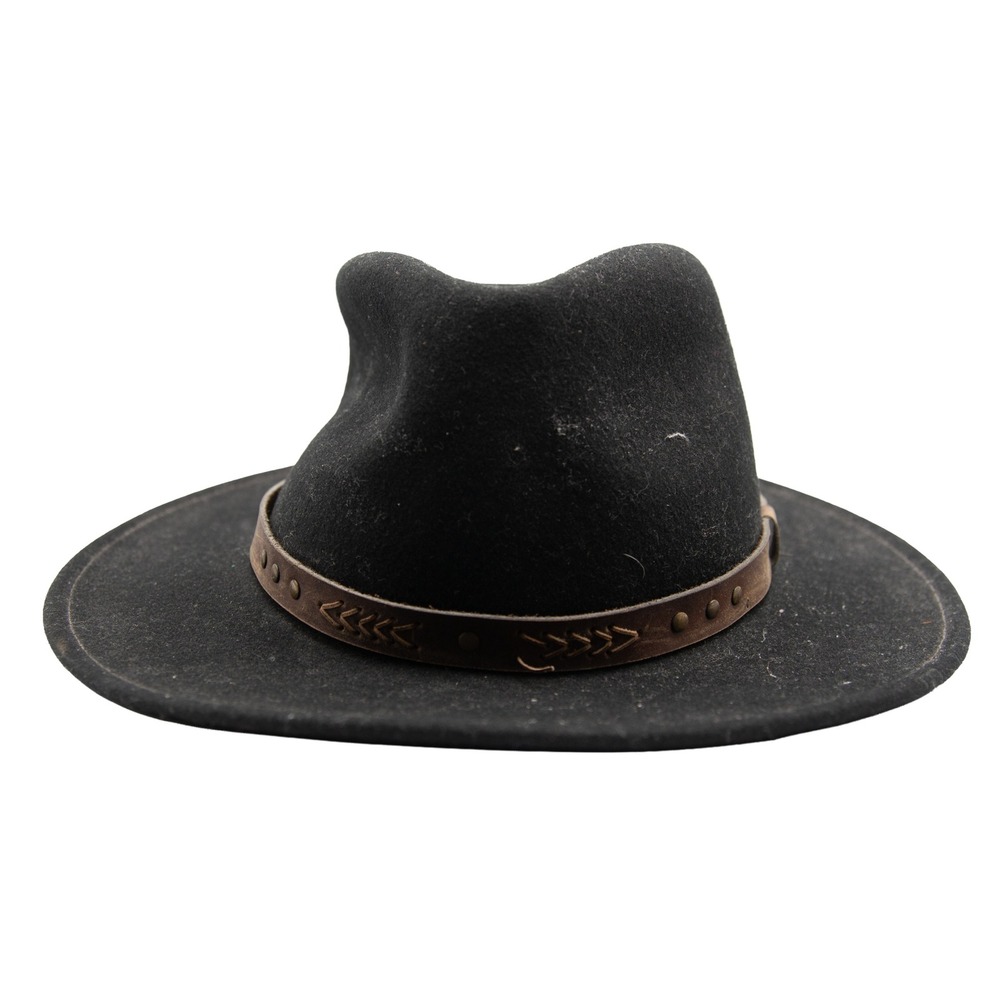 Dorfman Pacific Black Wool Felt Fedora Hat‎ Brown Leather Band Mens Medium USA